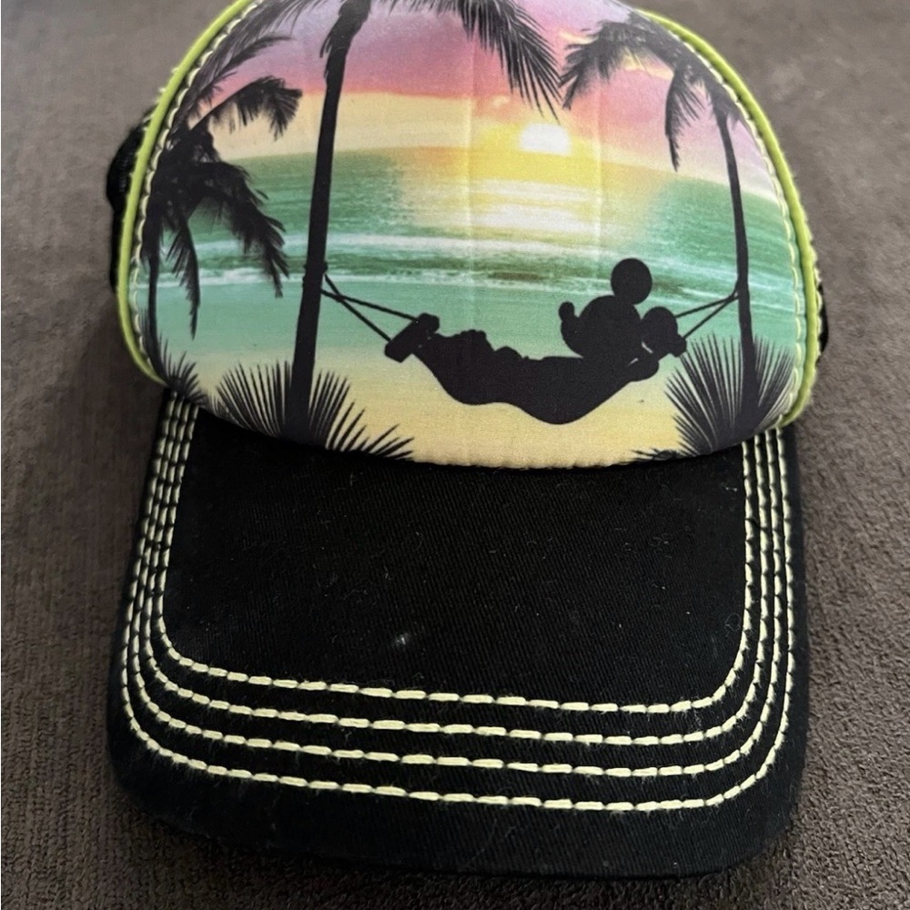 Disney Parks Tropical Mickey Black and Lime Green Trucker Hat